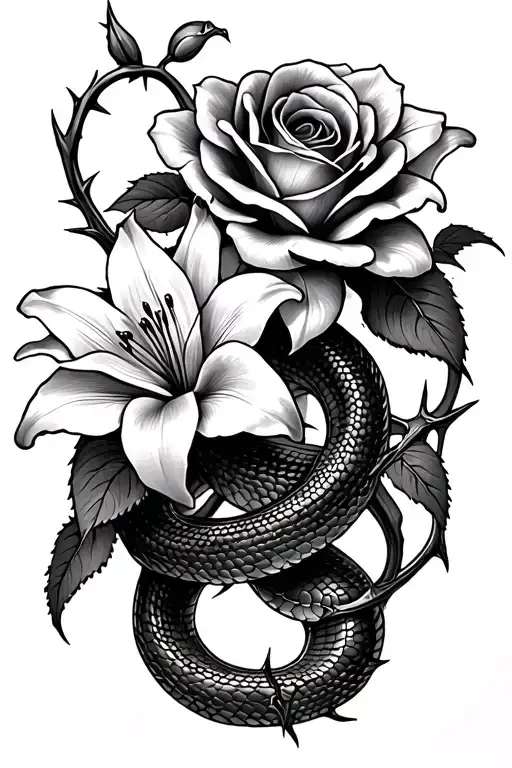 Rose And Lily With Thorns With Snake