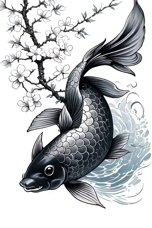 Japanese Koi Fish Swimming With Cherry Blossom Tree