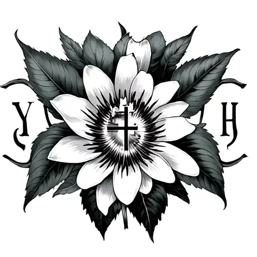 Yhwh With A Cross In The Middle And Put A Passion Flower On Either Side Of The Word