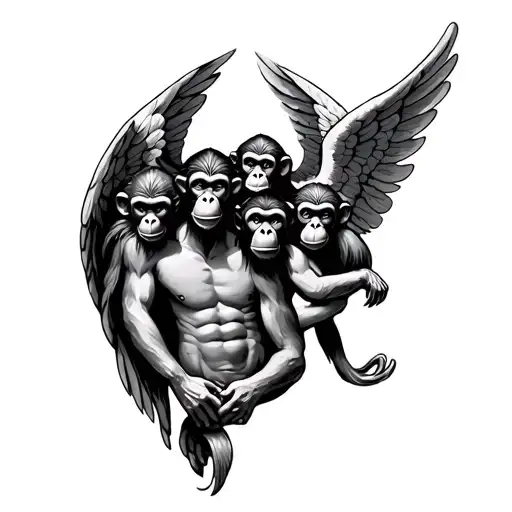 The 3 Wise Monkey In A Form Of Angel Tatto On Chest From The Tit To The Shoulder