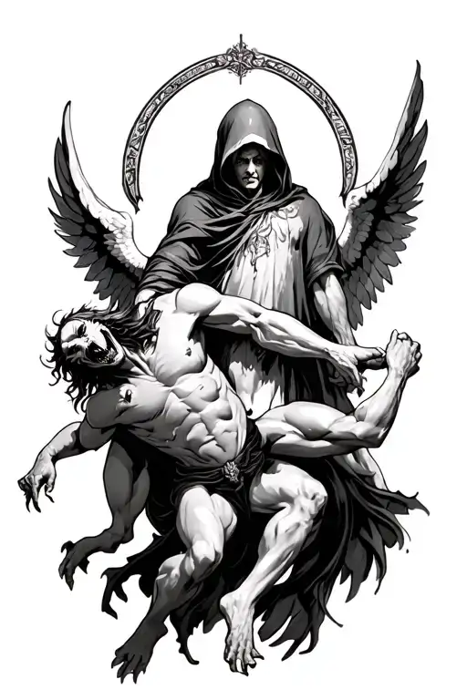 Hooded Arch Angel Defeating A Demon