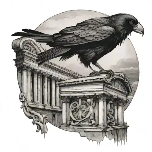 A Crow Perched On Roman Architecture With Titties Hidden In The Background