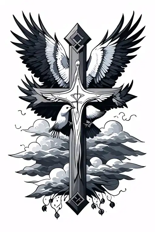 Cross With Birds And Clouds