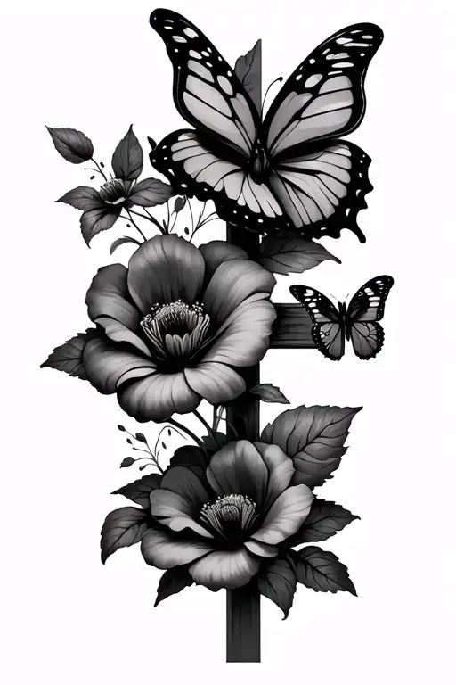 Flowers With Butterfly's And A Cross With Shading More Line Work