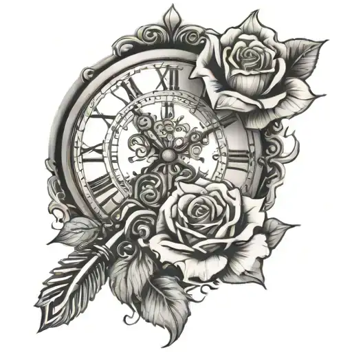 Clock Tattoo With Key And Rose