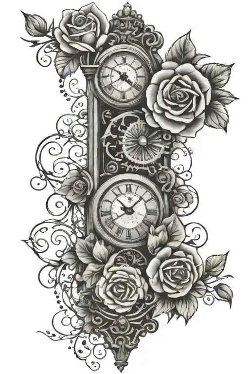 Long Clock Tattoo With Key And Rose Background