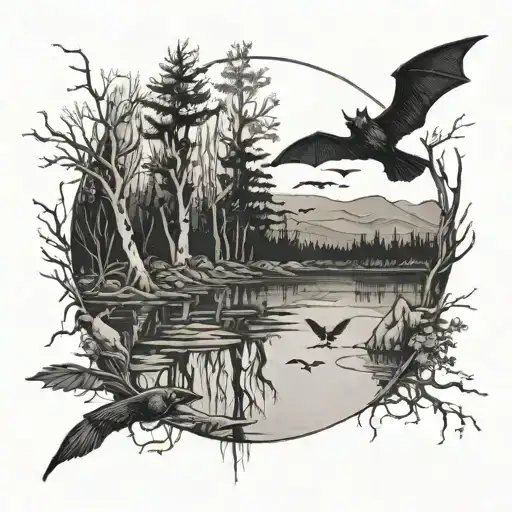 A Lake With Trees Surrounded By Bats And Crows With A Person Drowning In The Lake