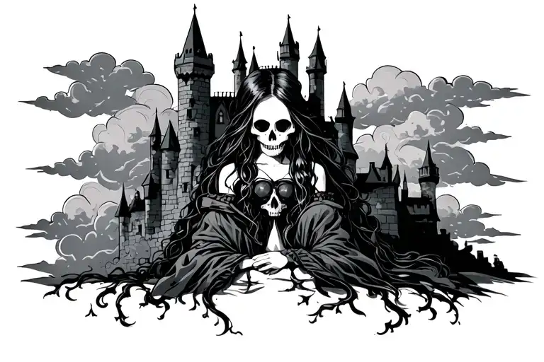 Skull Clouds Castle Female Goth Girl