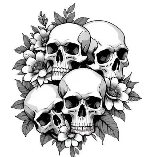 3 Skulls Intertwined With Flowers