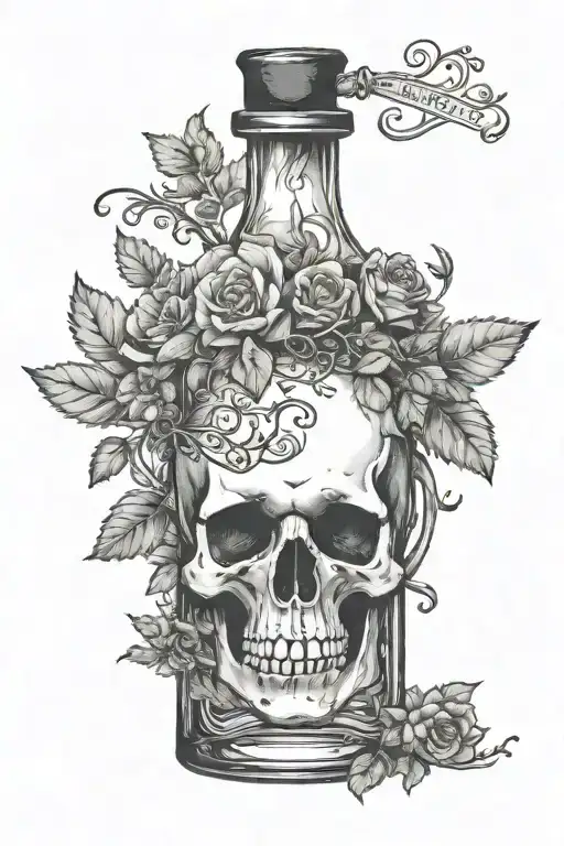 Potion Bottle With Label Indicating Aqua Torana With Herbs Inside The Bottle And A Skull