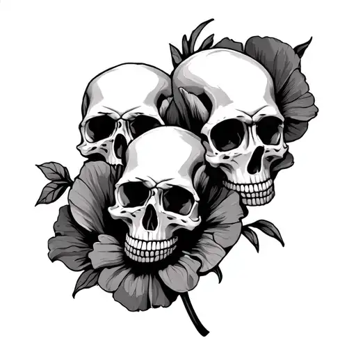 3 Skulls Intertwined With Poppy Flower