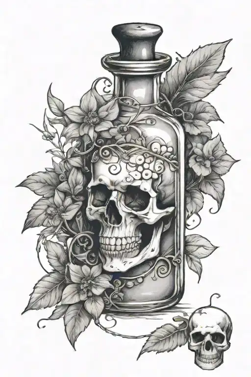 Potion Bottle With Label Indicating Aqua Torana With Herbs Inside The Bottle And A Skull