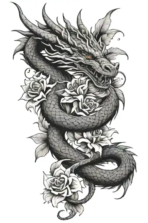 Dragon With Flowers Intertwined