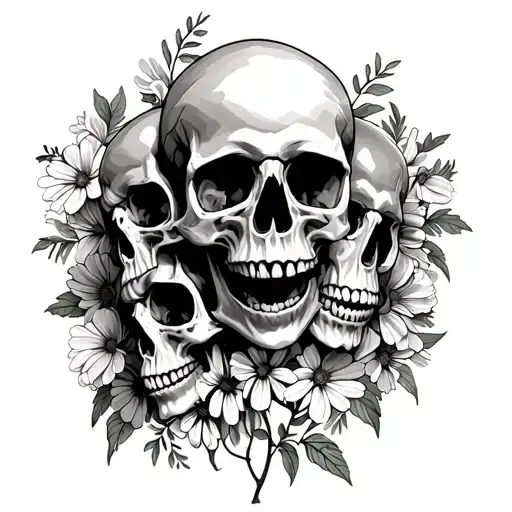3 Skulls With Wildflowers Blooming