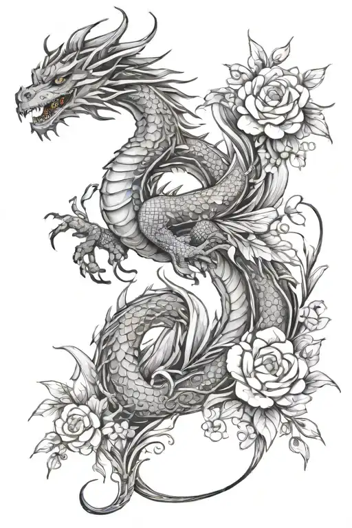 Delicate Dragon With Flowers Spread Throughout The Body