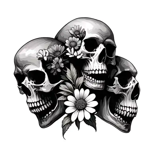 3 Skulls With Wildflowers