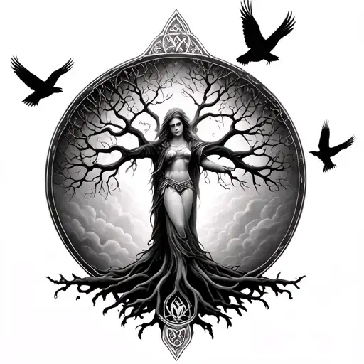 Goddess Aine And The Irish Tree Of Life With Crows Flying From The Tree