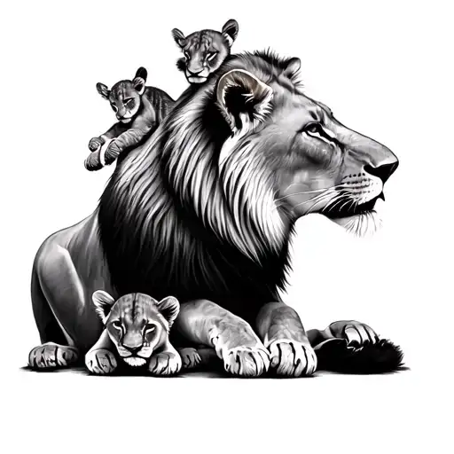 Lioness With Three Cubs On Right Side Stacked One On Top Of Another