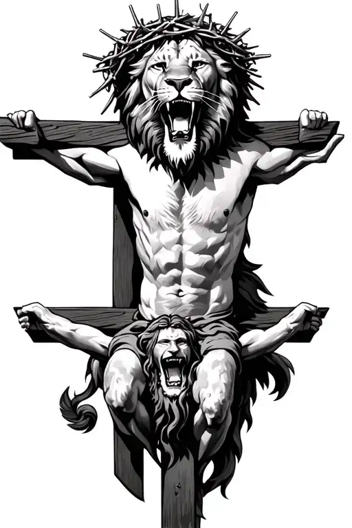Roaring Lion Wearing A Crown Of Thorns With Jesus Being Crucified Underneath