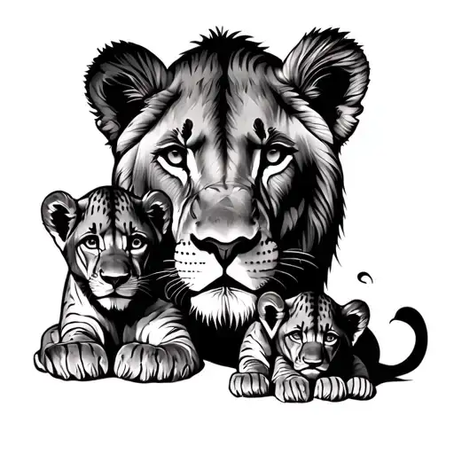Lioness Face With Three Cubs On Right Side Stacked One On Top Of Another