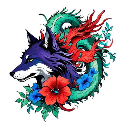 Blue And Purple Wolf With Red And Green Dragon With Blue Morning Glory Flowers