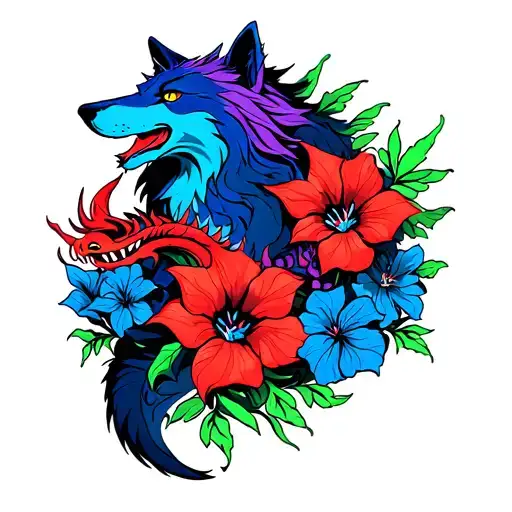 Blue And Purple Wolf With Red And Green Dragon With Blue Morning Glory Flowers