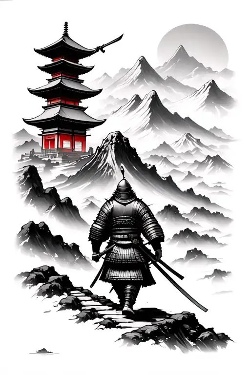 Samurai Warrior Walking Down The Path Of A Mountain With A Tori And Pagoda In The Background