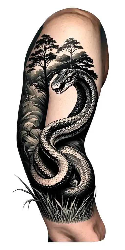 Snake In Grass St Bade Of Tree Where Tree Floes Up Arm