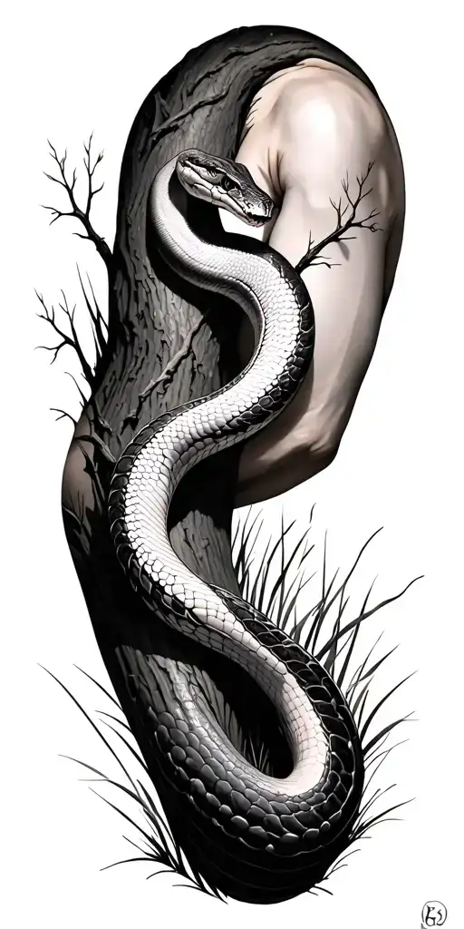 Snake In Grass At Base Of Tree Where Tree Flows Up Arm