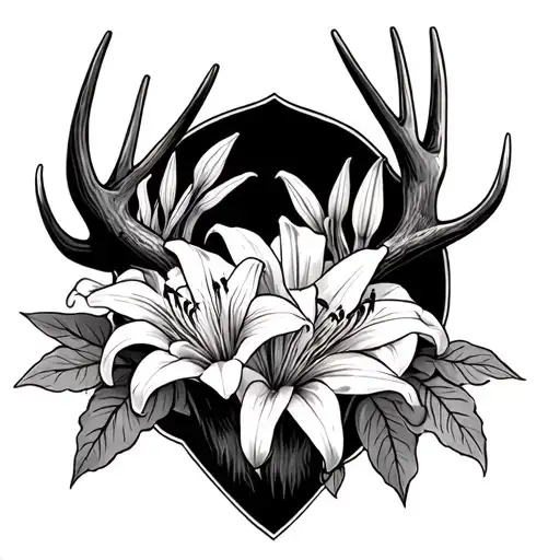 Tiger Lilies Behind A Rack Of Elk Antlers With Leaves On The Sides