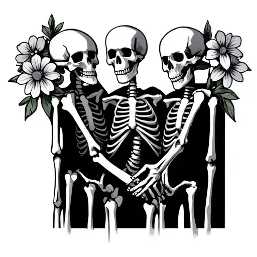 3 Skeletons Holding Hands With Flowers