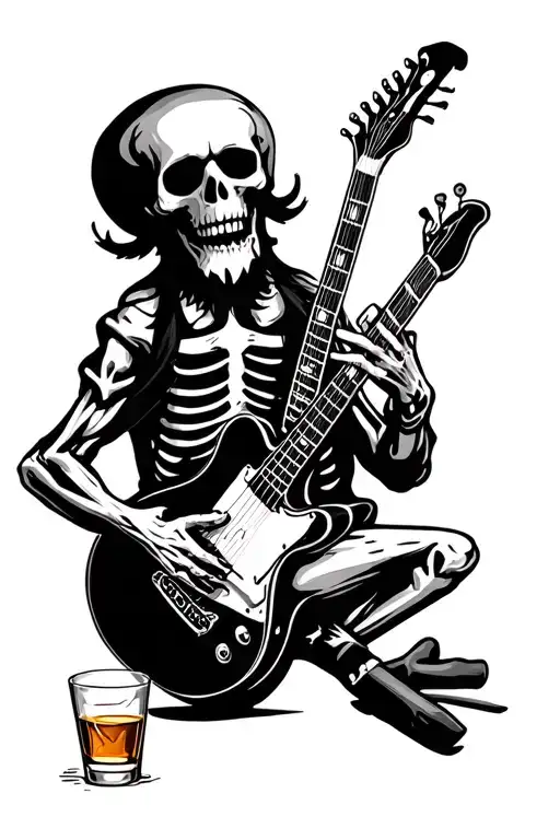 Skeleton With A Beard Playing Guitar And A Glass Of Whiskey
