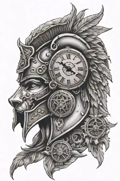 Nordic Realistic Tattoo Spartan Helmet With Wolf Heads And Roman Clock