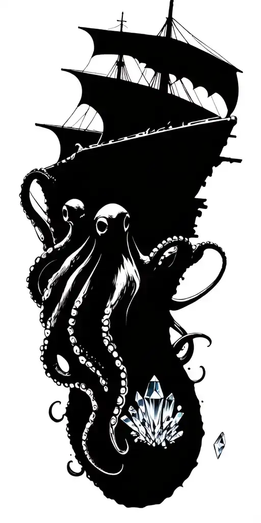Ship Wreck Sunking By An Octopus Holding Crystals