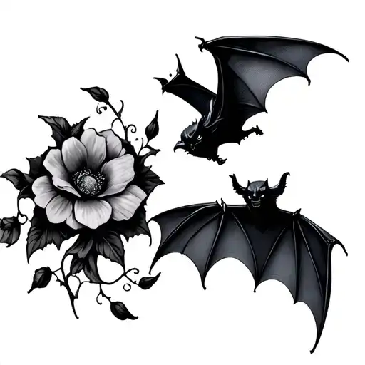 3 Bats Flying Woth Flowers