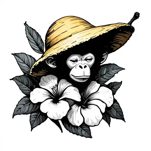 Hibisic Flower Withsleeping Monket With A Banana Hat Iside