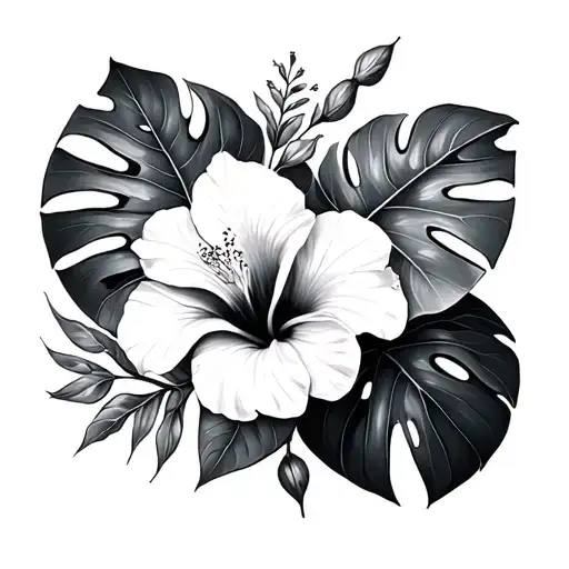 Monstera And Hibiscus Flowers