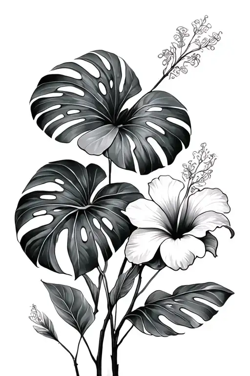 Monstera And Hibiscus Flowers