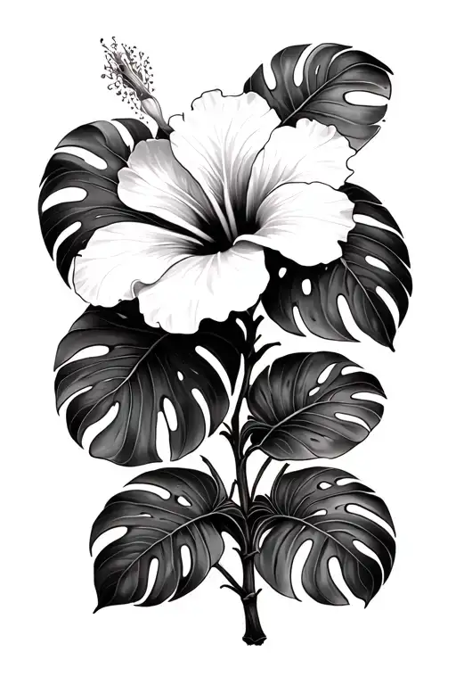 Hibiscus Flower With Monstera Leaves