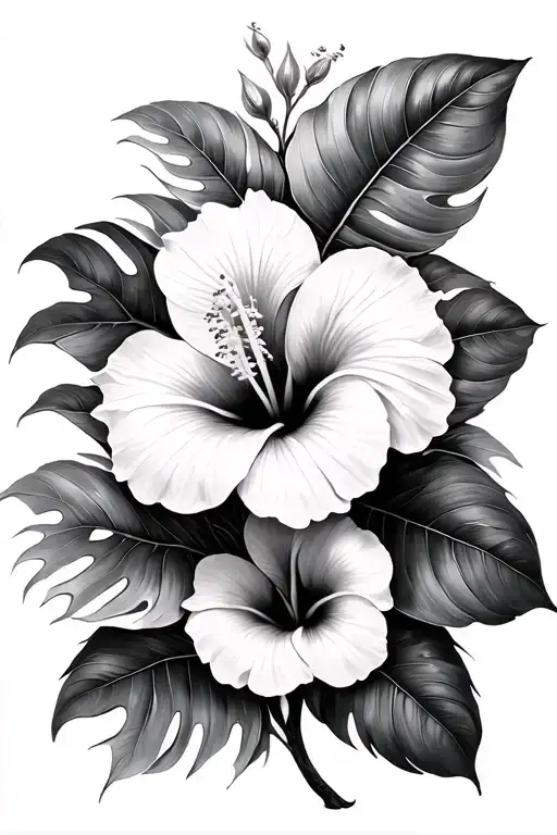 Hibiscus Flowers With Monstera Leaves