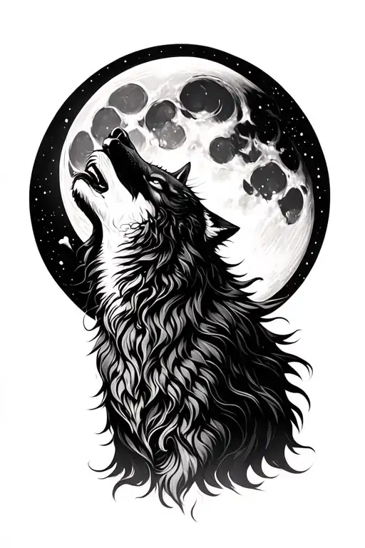 Moon Goddess Portrait With Wolf Howling At The Moon
