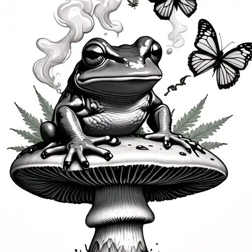 Frog Sitting On Mushroom Smoking Weed Blowing Smoke That Turns Into Butterflys