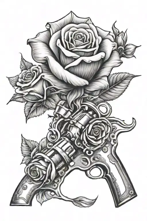 One Rose In The Middle And Two Revolvers On The Sides