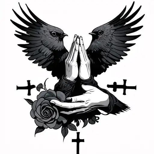 Praying Hands With Rosarie Wrapped Loosely Shading The Bird Black Crosses