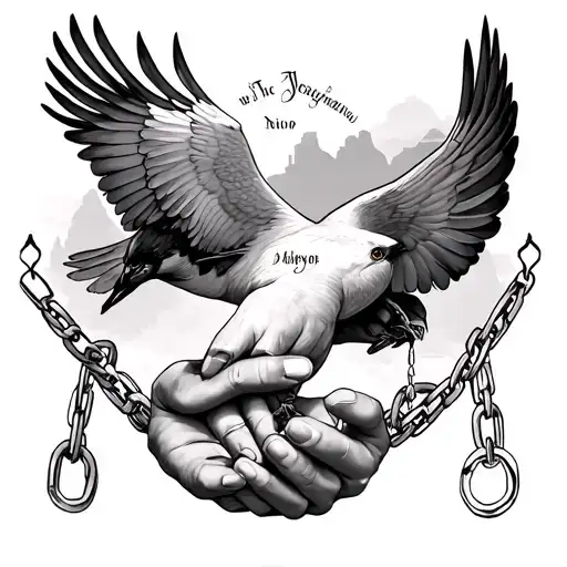 Bible Verse And 2 Dead Relatives Names Forearm Tattoo With Hands Holding Chain And Flying Birds