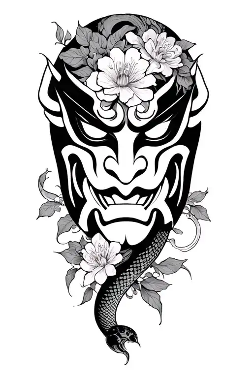 Oni Mask With A Snake And Cerezo Flowers