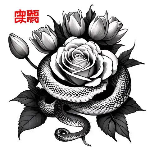 Reese In Chinese With A Rose Tulips And Snake