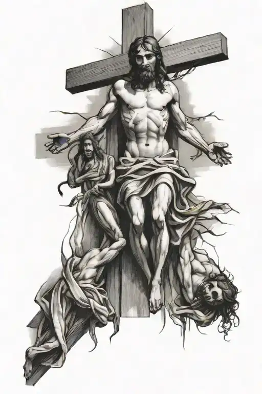 Jesus Christ On The Cross With Two Other Men On Different Crosses Next To Him