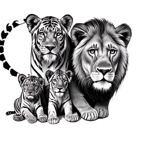 2 Tiger Cubs A Lioness And 3 Lion Cubs