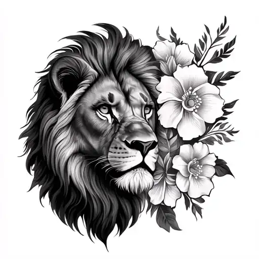 Realistic Lion And Flower Arm Sleeve